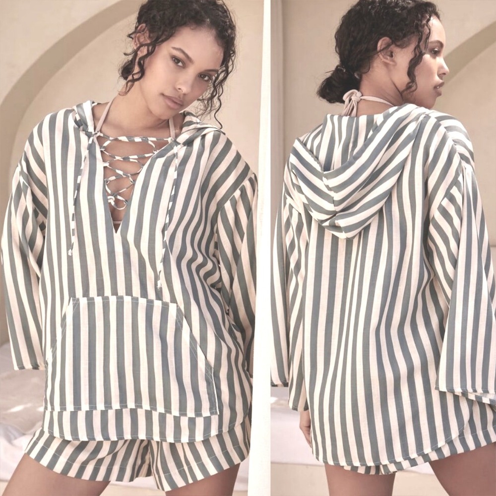 Encantadore Oversized Lagenlook Hooded Rapha Linen Striped Lace Up Top Pocket S
